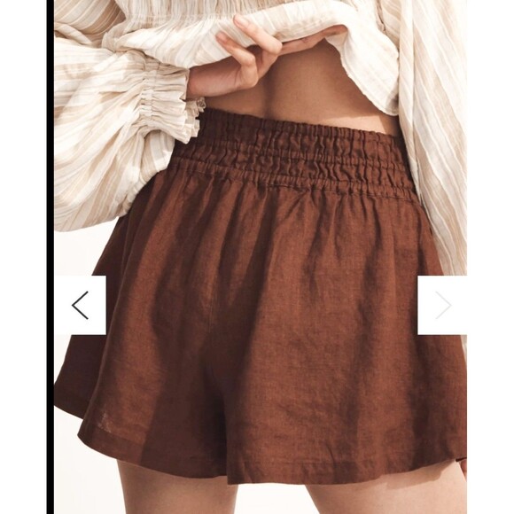 Anthropologie Somerset Linen Shorts in Cocoa Brown L Beachy Smocked New MSRP $98 - Picture 12 of 13